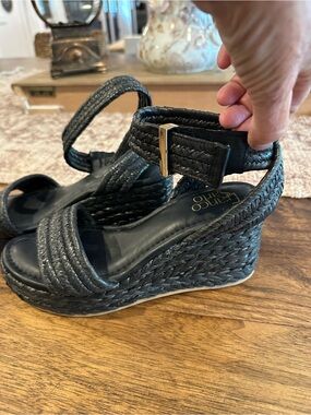 Franco Sarto Black Woven Wedge Sandals Velcro Ankle Strap Size 7